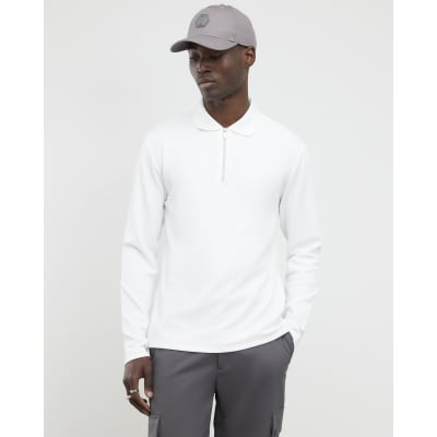 White Slim Fit Textured Zip Neck Polo Shirt