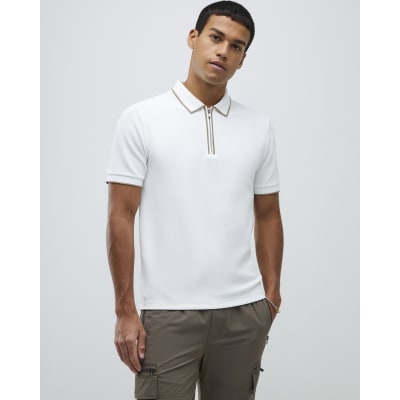 White Slim Fit Textured Zip Neck Polo Shirt