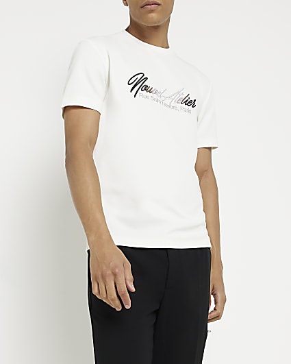 White Slim fit Twill Embroidered T-shirt