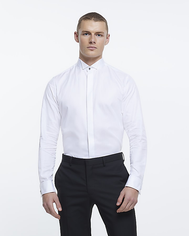 White slim fit wing collar smart shirt