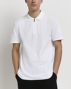 White slim fit Zip detail textured polo shirt