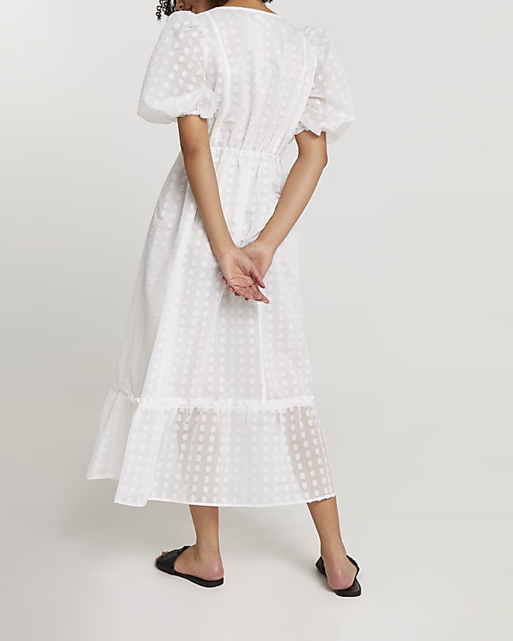 White spot mesh puff sleeve midi dress