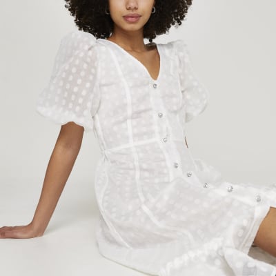 moon river white puff sleeve midi dress