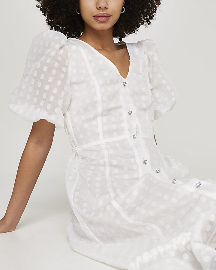 White spot mesh puff sleeve midi dress