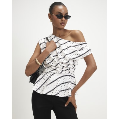 White Spot Print Drape Peplum Top