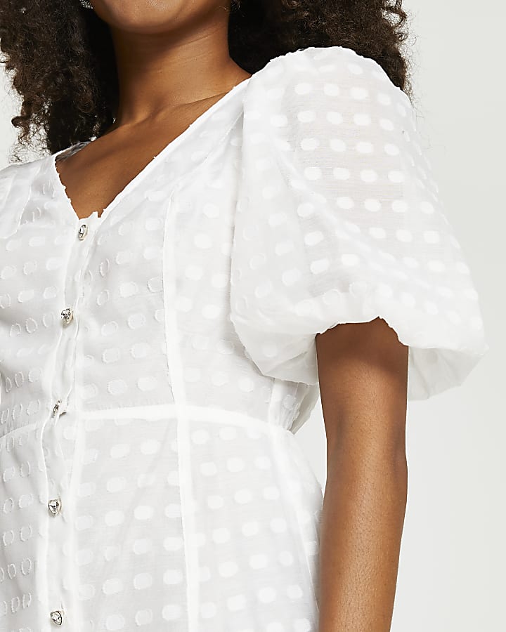 White spot puff sleeve button mini dress