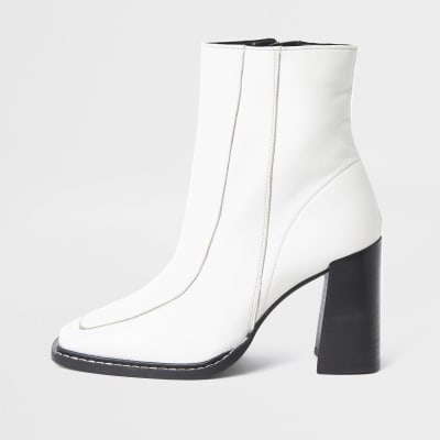 White square toe leather ankle boots