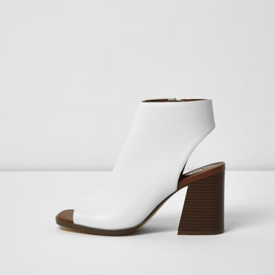 White stacked heel peeptoe shoe boots