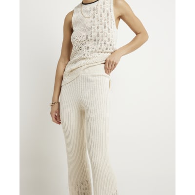 White stitch detail wide leg trousers | River Island