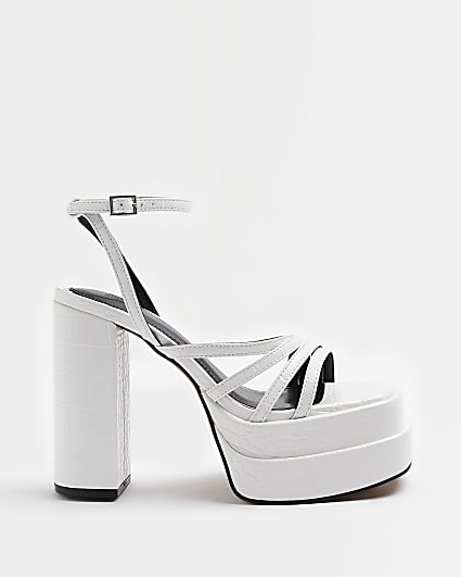 White strappy block heel wedges