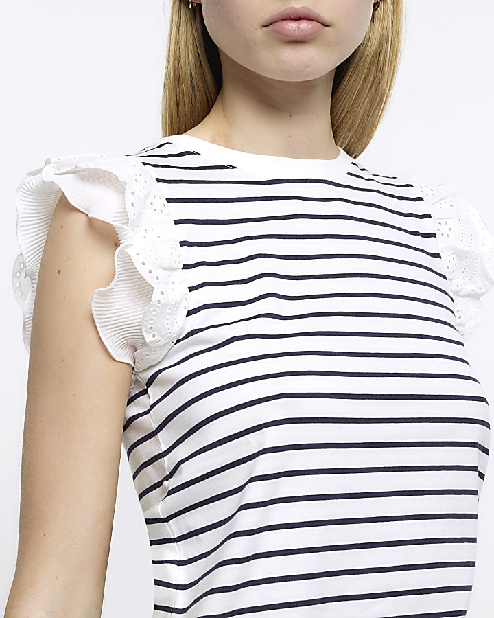 White stripe broderie frill sleeve top