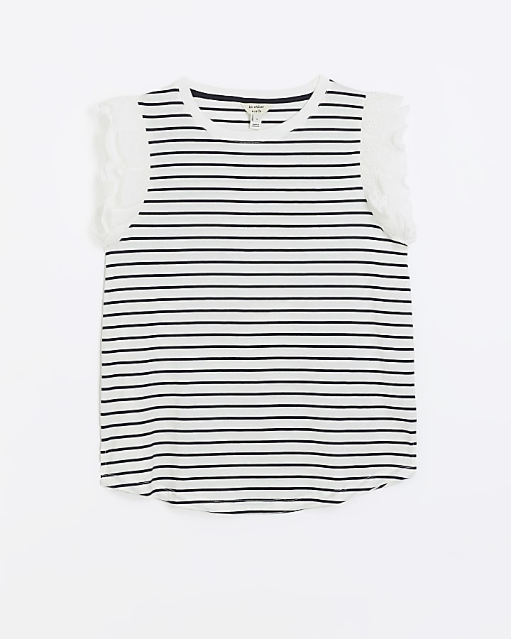 White stripe broderie frill sleeve top