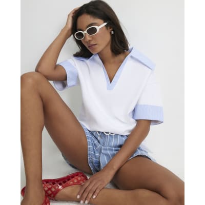 Stripe Detail Hybrid Jersey Polo Top