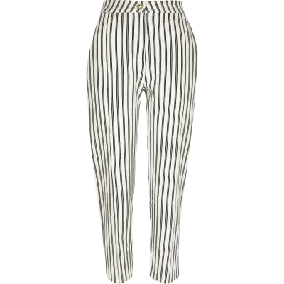 black and white striped cigarette trousers