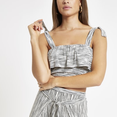 White stripe ruffle beach crop top | River Island