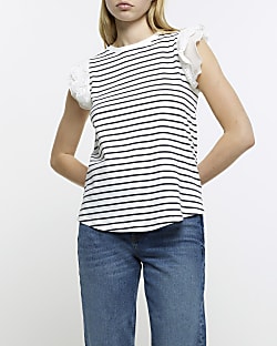 White striped broderie frill sleeve top