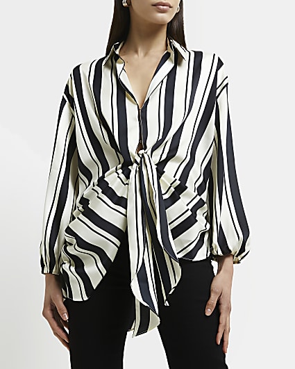 White striped knot front blouse