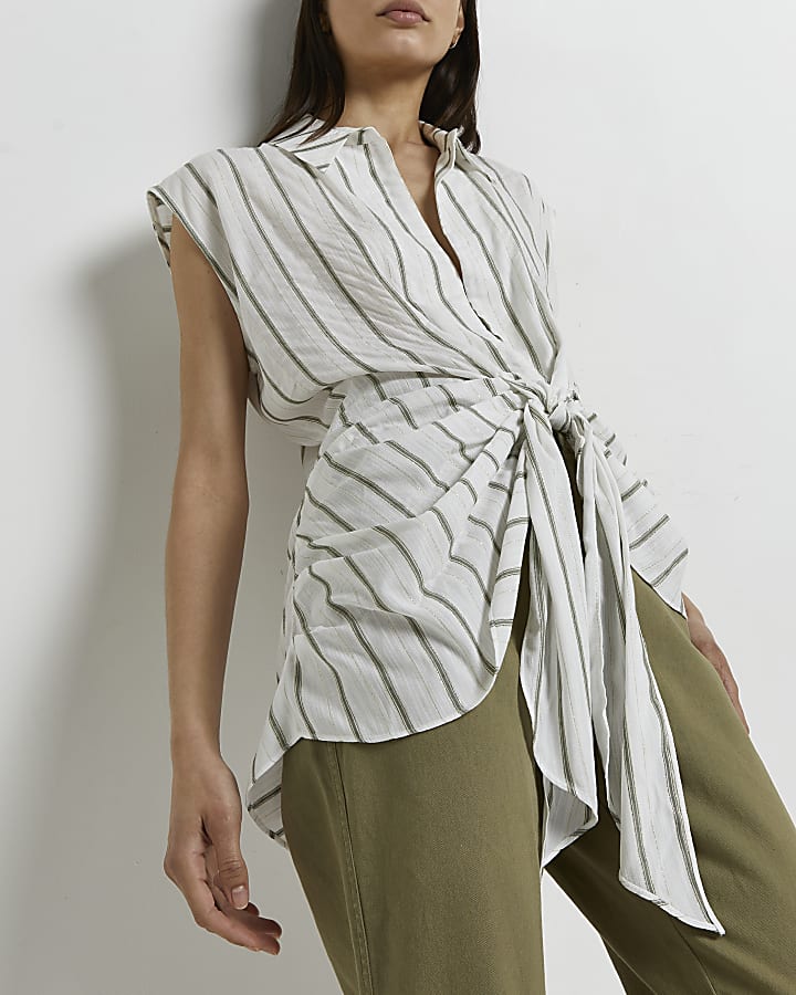 White striped knot front shirt