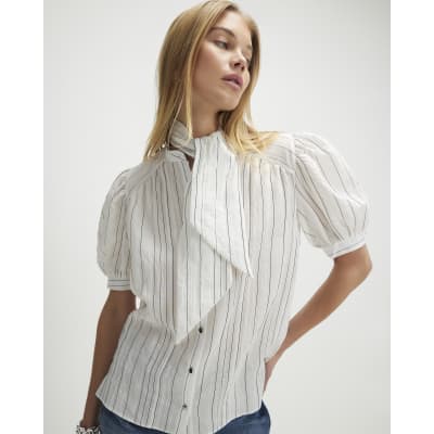 White Striped Short Sleeve Pussybow Blouse