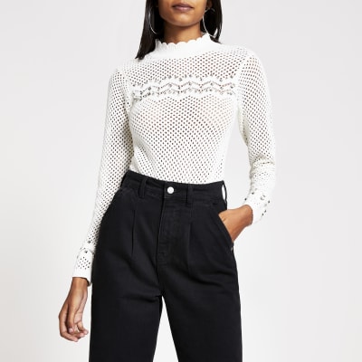 White studded long sleeve knitted jumper | River Island