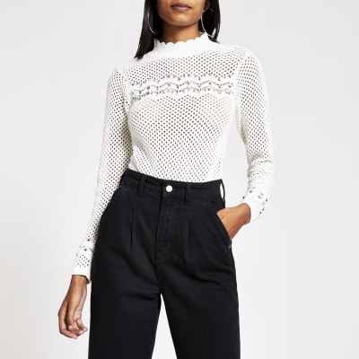 White studded long sleeve knitted jumper River Island