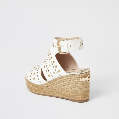 White studded open toe wedge sandals