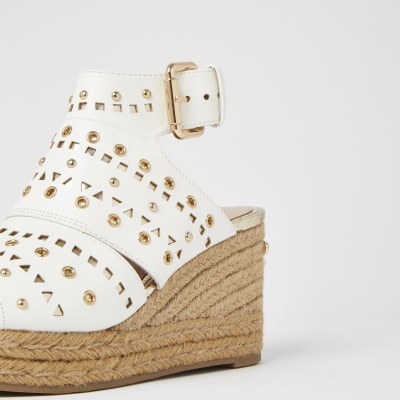 White studded open toe wedge sandals