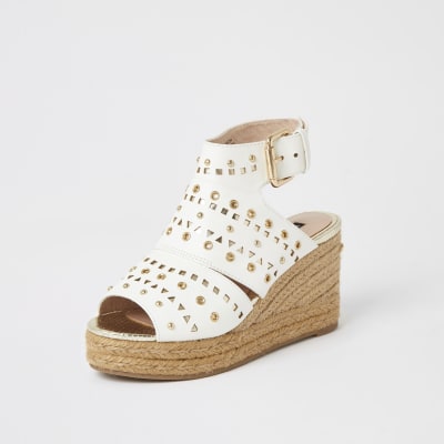 White studded open toe wedge sandals