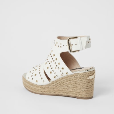 White studded open toe wide fit wedge sandals