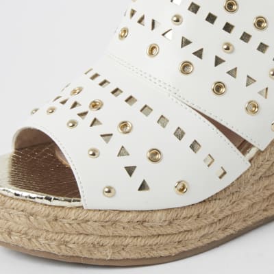 White studded open toe wide fit wedge sandals