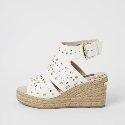 White studded open toe wide fit wedge sandals | River Island