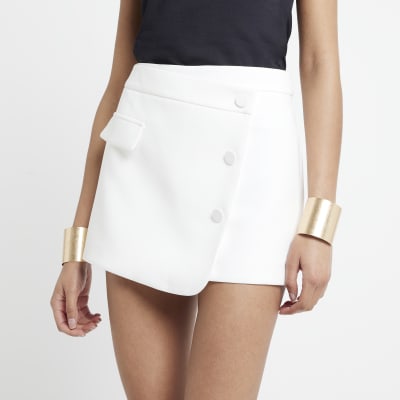 White tailored wrap mini skort River Island