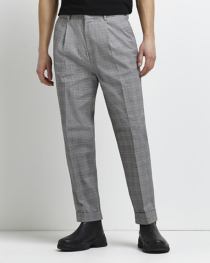 White tapered fit pleated check trousers