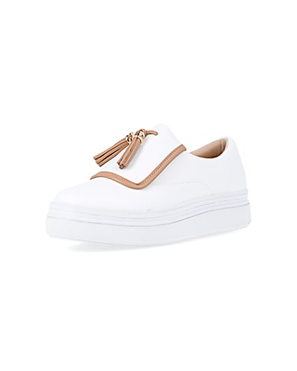 360 degree animation of product White tassel faux leather trainers frame-0