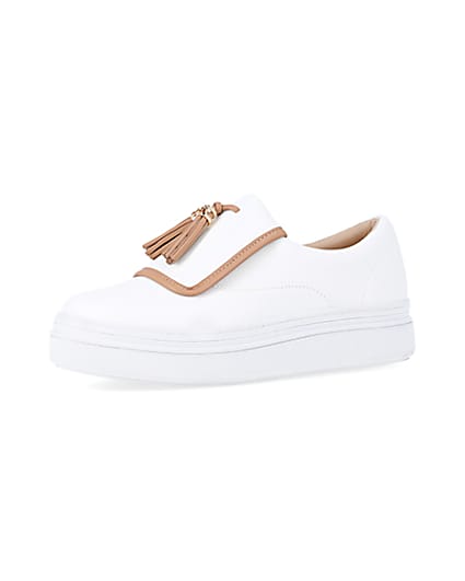 360 degree animation of product White tassel faux leather trainers frame-1