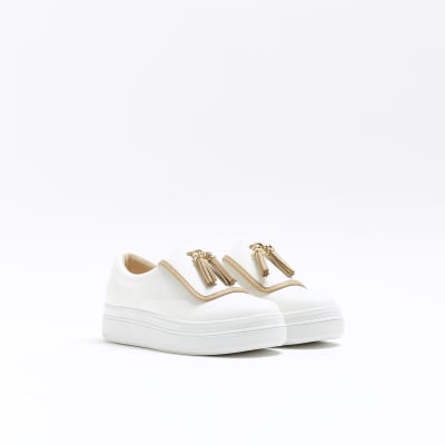 White tassel faux leather trainers | River Island