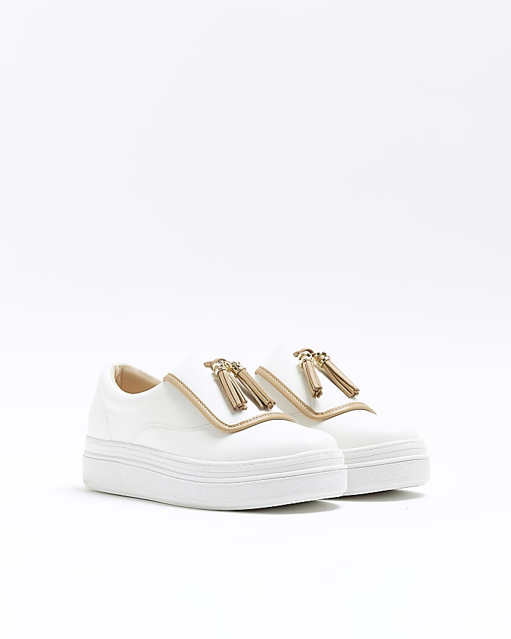 White tassel faux leather trainers