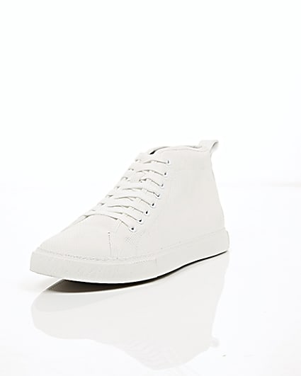 360 degree animation of product White textured lace-up hi top trainers frame-1