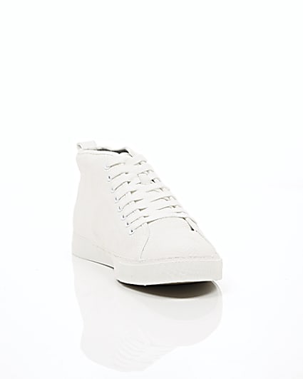 360 degree animation of product White textured lace-up hi top trainers frame-5