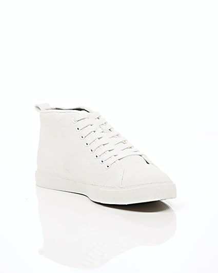 360 degree animation of product White textured lace-up hi top trainers frame-6