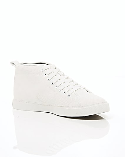 360 degree animation of product White textured lace-up hi top trainers frame-7