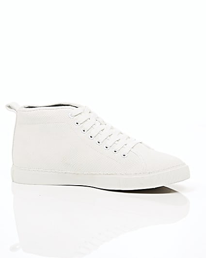 360 degree animation of product White textured lace-up hi top trainers frame-8