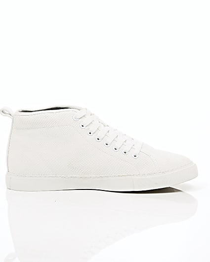 360 degree animation of product White textured lace-up hi top trainers frame-9
