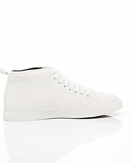 360 degree animation of product White textured lace-up hi top trainers frame-10