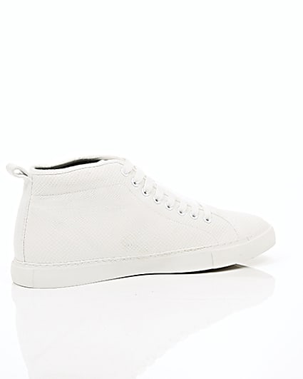360 degree animation of product White textured lace-up hi top trainers frame-11