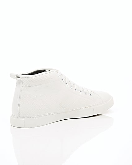 360 degree animation of product White textured lace-up hi top trainers frame-12