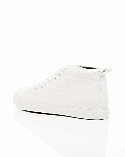 360 degree animation of product White textured lace-up hi top trainers frame-19