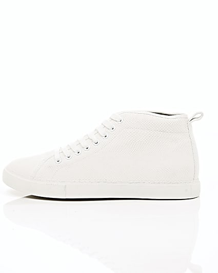 360 degree animation of product White textured lace-up hi top trainers frame-21
