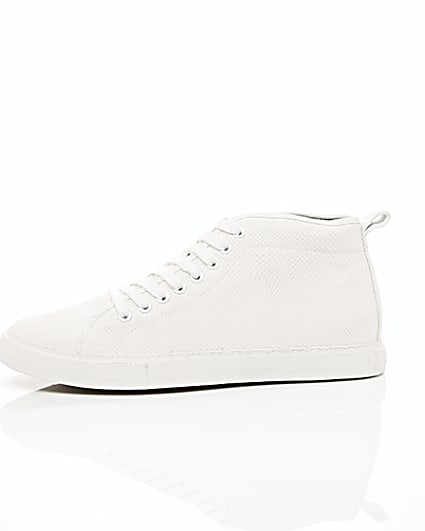 360 degree animation of product White textured lace-up hi top trainers frame-22