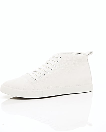 360 degree animation of product White textured lace-up hi top trainers frame-23